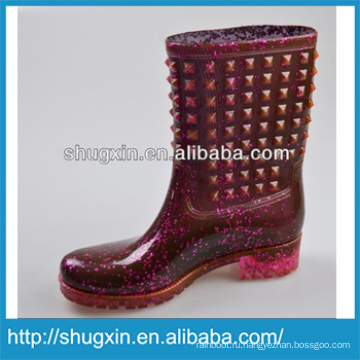 Shugxin Dark Red Бытовые женские высокие резиновые резиновые резиновые сапоги на низком каблуке B-819